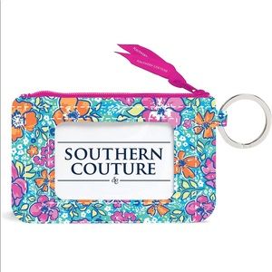 Colorful Flower Print Blue and Pink 5 x 4 Polyester Fabric Zippered ID Wallet